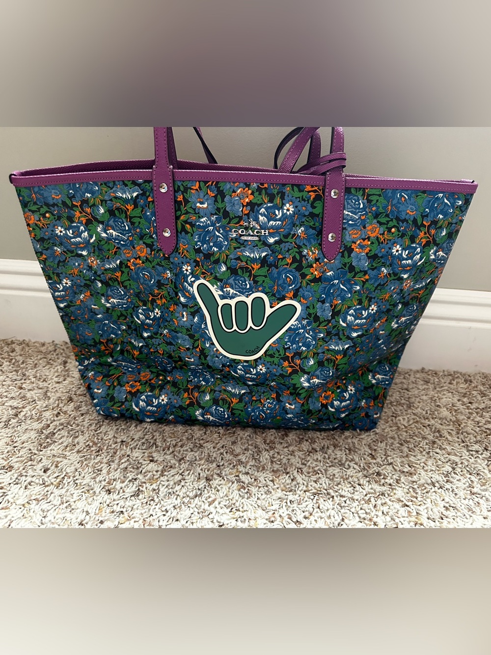 Coach Floral Print Tote in Blue, Green & Purple Trim